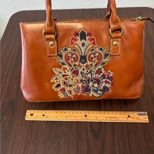 Embroidered Tan Leather Handbag